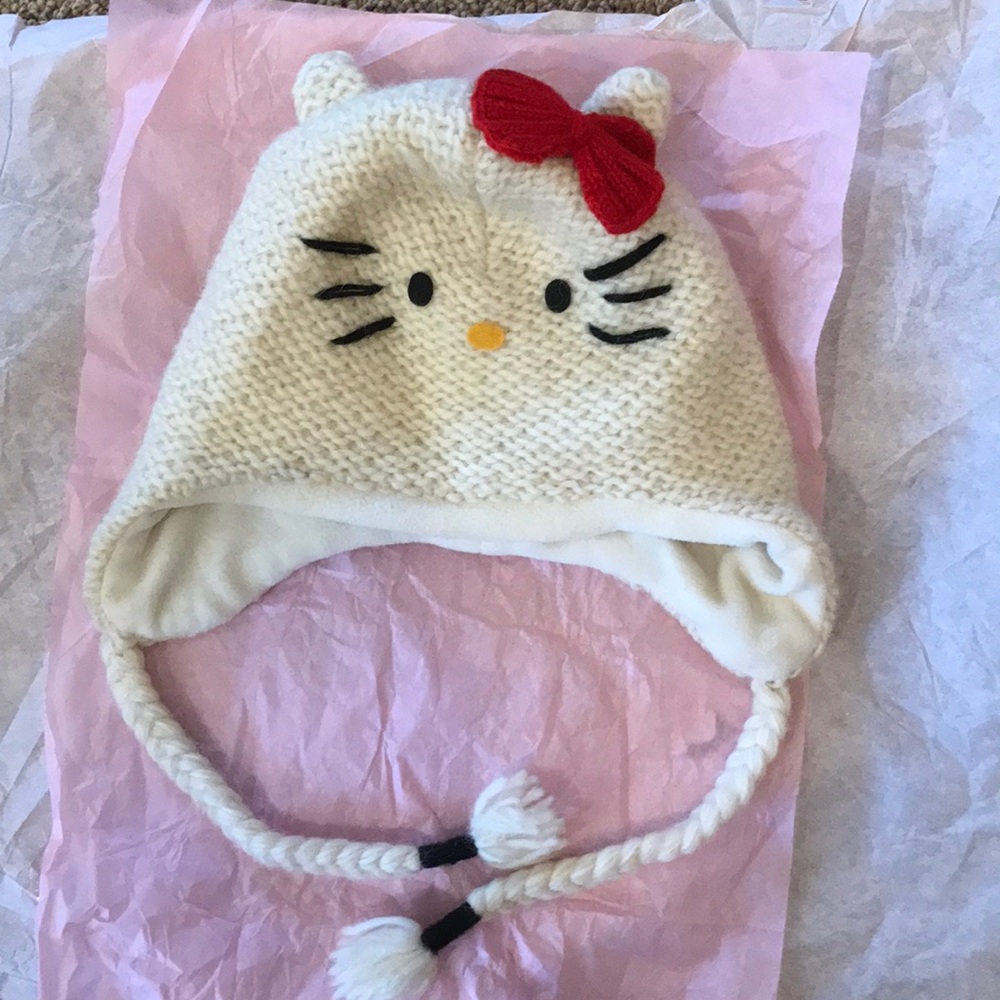 RARE Hello Kitty Sanrio handmade Nepal winter ivory ear flap hat cap braids EUC
